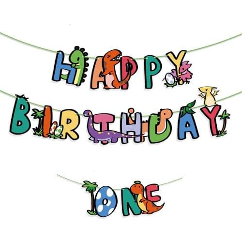 Happy Birthday Banner Dinosaur Cartoon Dino Kids Birthday Party Decorations 1st One Birthday Garland Baby Dinner Chair Bunting