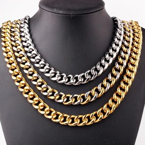 Punk Hip Hop Style 13/15mm Wide Steel Color /Gold 316L Stainless Steel Curb Cuban Link Chain Necklace & Choker Jewelry Gift 7-40