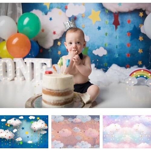Kids 1st Birthday Backdrop for Photography Newborn Party Blue Pink Cloud Background Baby Shower Balloon Glitter Dots Backdrops
