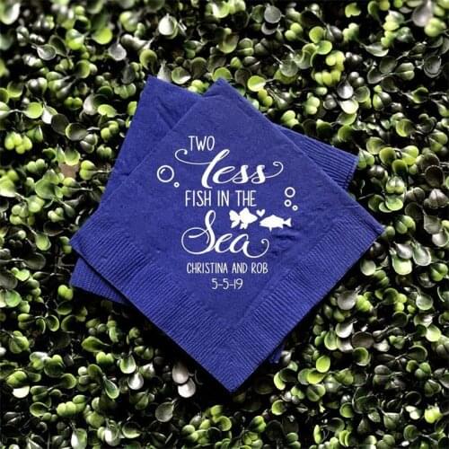 Two Less Fish in the Sea Personalized Wedding Napkins, Rehearsal Dinner, Engagement Party, Custom Bar Napkins
