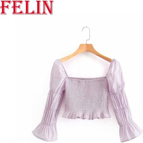 FELIN Za 2021 Women Fashion Blouse Chic Purple Summer Elastic Pleated Crop Top Square Collar Sweet Flared Sleeves Tanks Mujer
