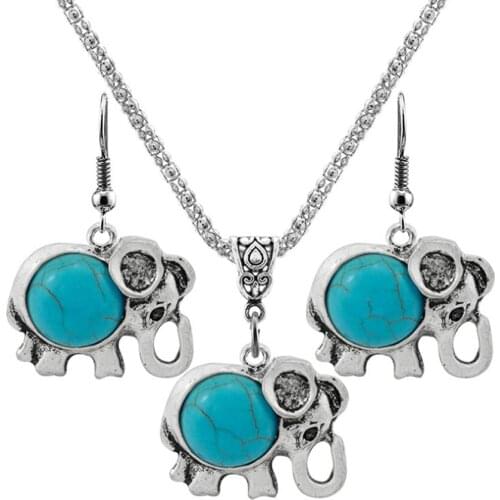 FYJS Unique Silver Plated Elephant Shape Pendant Green Turquoises Stone Necklace Drop Earrings Animal Jewelry Sets