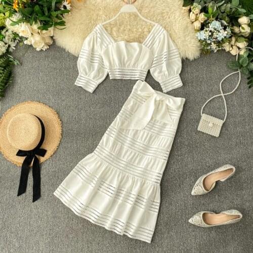 MUMUZI suit female 2020 new puff sleeve short design tops and high waist fishtail skirt two-pieces set women white outfits