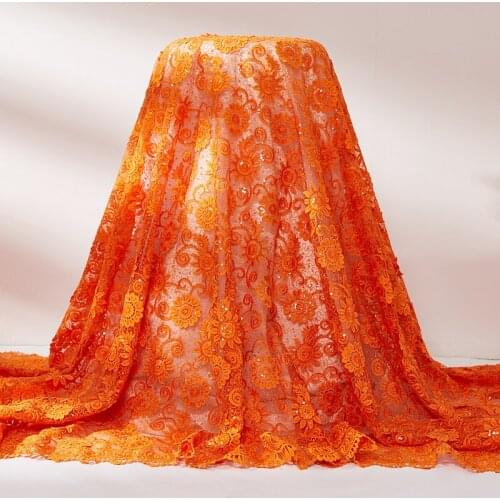 Lace Fabric Orange Afrcan Sequins Lace Fabrics 2021 New French Tulle 3D Flower Sewing Embroidery 5 Yards Dresses For Women A2527