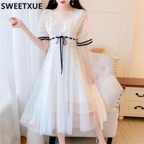 SWEETXUE French Fairy Temperament Flared Sleeves Lace Dress Square Neck High Waist Mesh Cute Sweet Kawaii Long Dress Women