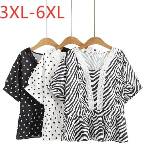 New 2021 Ladies Summer Plus Size Tops For Women Large Blouse Short Sleeve Loose Black Leopard Dot Ruffle Shirt 3XL 4XL 5XL 6XL