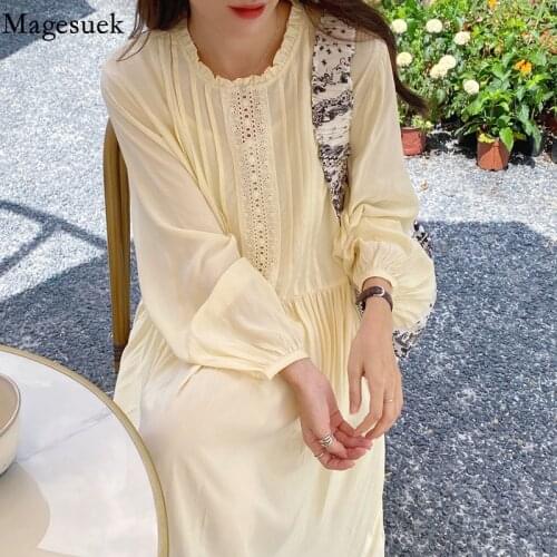 Hot Sweet O Neck Long Dress Gentle Loose Solid Vestidoes Comfortable Long Sleeves Lace 2021 Early Elegant Autumn Dresses 14515