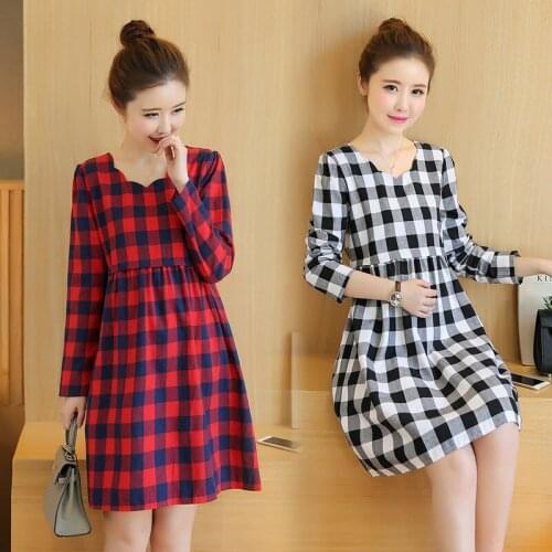 Maternity Dress Spring Autumn Maternity Clothes for Pregnant Women Long Sleeve Grid Loose Pregnancy Clothes Casual Gravidas