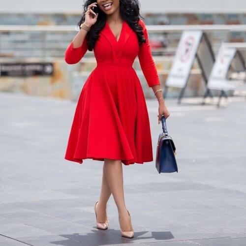 Red Dress For Office Lady A Line High Waist Deep V Neck Three Quarter Elegant Work Business Fashion Clothing Female Dress Midi