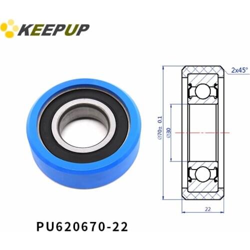Diameter 70mm, PU polyurethane bearing ,Rubber coated soft pulley/Roller ,width 22mm