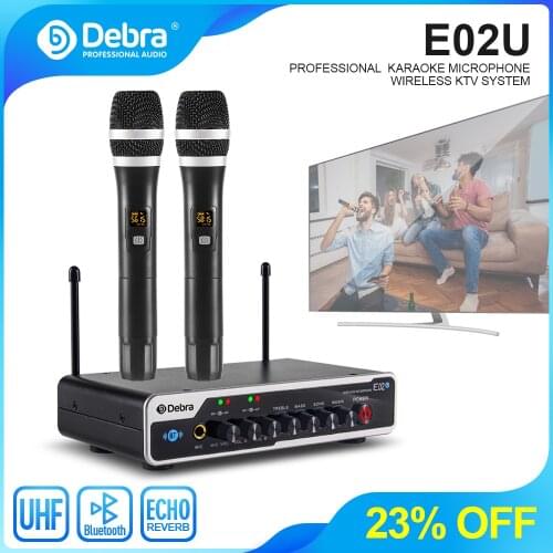 Debra E02U professional wireless microphone system, 2 handheld with Bluetooth and reverb, for family parties, small activities