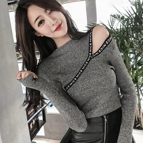 Shintimes Letter Appliques Off Shoulder Sweater High Elastic Sweters Women Invierno 2020 Korean Style Women Pullover Pull Femme