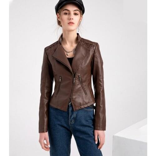 2021 Autumn Winter New Womens Black PU Leather Short Jacket Slim Turn-down Collar Zipper Fashion Wild locomotive Outwear Female