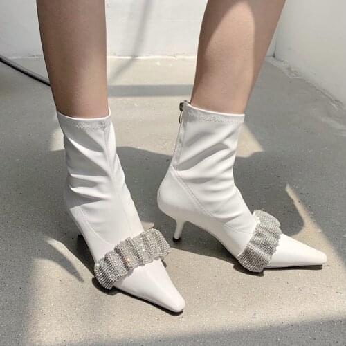 Women Sock Ankle Booties Black White Rhinestone Crystal Short Booties Pointed Toe Back Zipper Autumn Winter Boots Woman Size 39