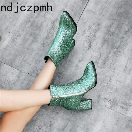 Womens Boots New Autumn And Winter fashion Pointed Sequin zipper High heel Short tube Womens shoes plus size 32-43 9cm high