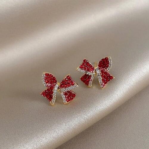 2021 new personality full diamond red bow studs female Korean temperament net red fashion design ear accessories