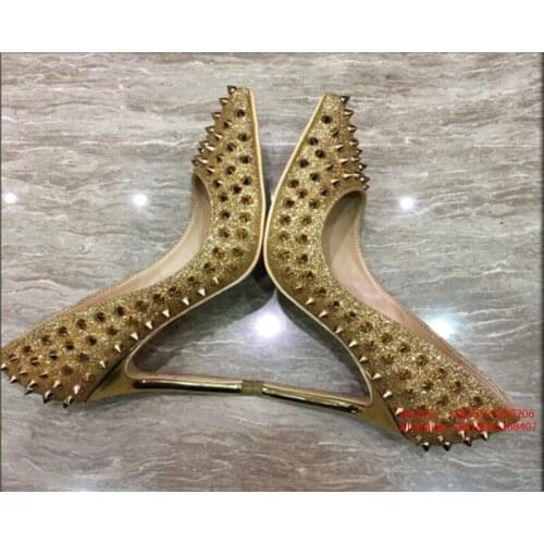Discount Yellow Rivets Pointed toe Thin High Heels Sexy Gold Leather Dress Pumps Women Gladiator Shoes 10cm 12cm Stiletto Heels