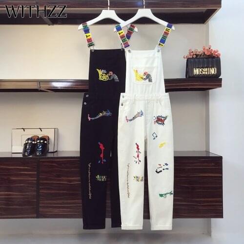 WITHZZ Autumn Womans High Waist Plus Size Loose Embroidered Denim Overalls Asian Size Jeans