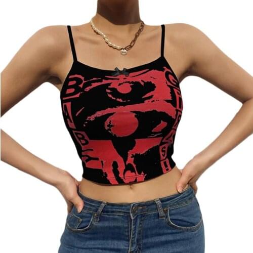 Womens Summer Crop Cami Tops Sleeveless Spaghetti Strap Eye Letter Print Slim Fit Camisole
