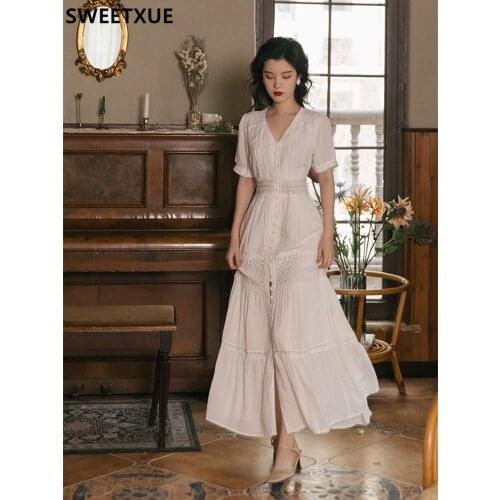 SWEETXUE Womens Summer 2021 Vintage Romantic Fashion Sexy V-neck Hollow Out Lace Patchwork Beach Holiday Party Long Dress