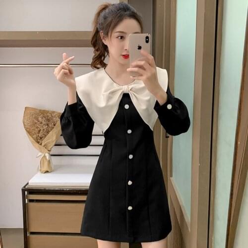 2021 spring and winter new French sweet college style bow black dress short design big lapel dresses female