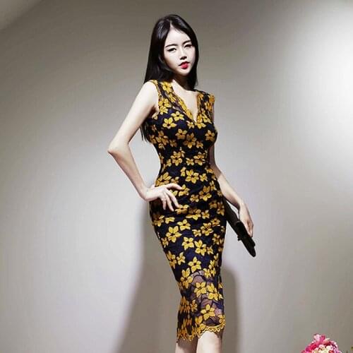 2021 Summer High End Sleeveless V Neck Bodycon Pencil Dress Ladies Wrap Lace Sheath Midi Dress Elegant Womens Party Vestidos