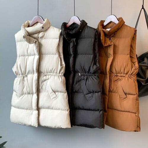 Spring Women Adjustable Waist Slim 90% White Duck Down Women Shots Stand Collar Zipper Sleeveless Vest Solid Thick Vest