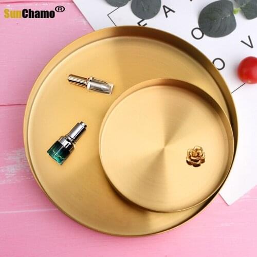 Golden Round Storage Tray European Stainless Steel Jewelry Food Sundries Makeup Organizer Decorative Plate Home Accessories