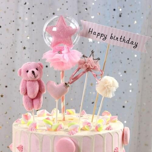 1 Pcs Pretty Love Heart Crown Pink Little Bear Cake Topper Birthday Cake Decoration Baby Shower Kids Birthday Wedding Supplies