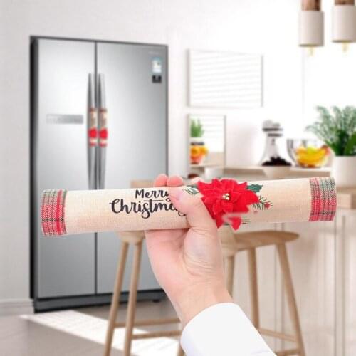 3pcs Christmas Ornament Door Knob Fridge Gloves Linen Machine Embroidered Home Christmas Decoration Microwave Oven Cover