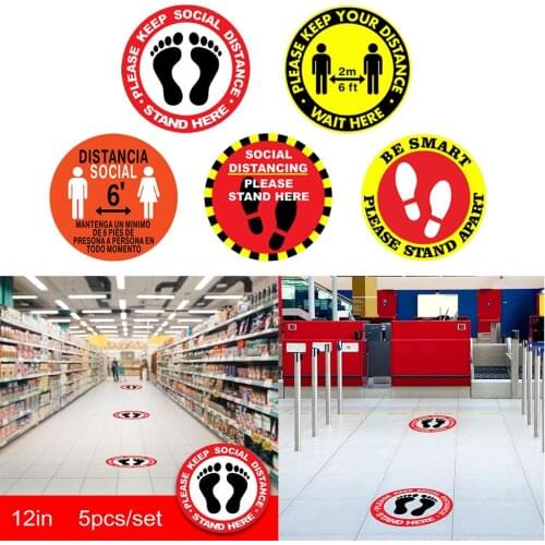 5 Pack of Social Distancing Floor Decals - Round 12-inch Anti-Slip Safety Notice Sticker Marker for Businesses, Restaurants