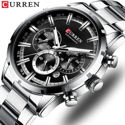 CURREN Luxury Fashion Quartz Watches Classic Silver and black Clock Male Watch Mens Wristwatch with Calendar Chronograph