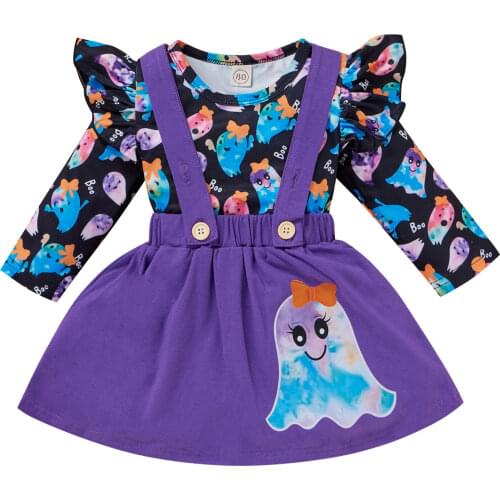 2pcs Baby Girls Outfits Suit Halloween Clothes Cartoon Long Sleeve T Shirt Top and Suspenders Skirt Children Clothing