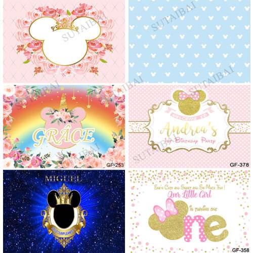 Cute Mouse Backdrop Happy Birthday Marble Girl Baby Shower Party Decoration Photography Bow Princess Banner Background