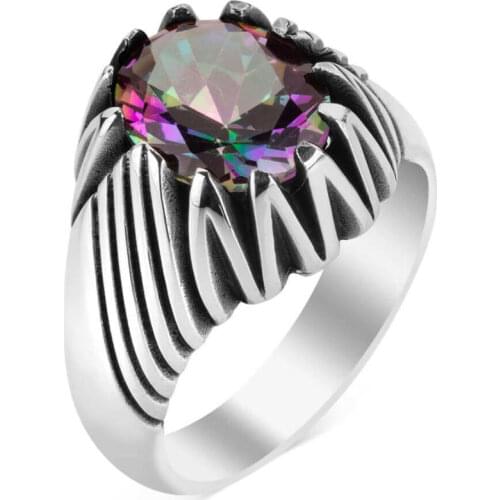 925 Sterling Silver Patterned Mens Ring Colour with Changing the Mystical Topaz Stone Exclusive Ring for Men