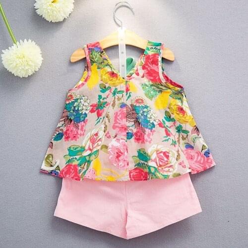 2021 Summer New Girl Princess Thin Floral Sleeveless Top + Pink Shorts Suit Childrens Wear