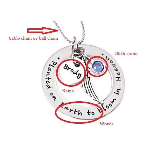 Personalized Memorial Necklace name or words Planted On Earth To Bloom In Heaven Birth stone Engraved Necklace N297
