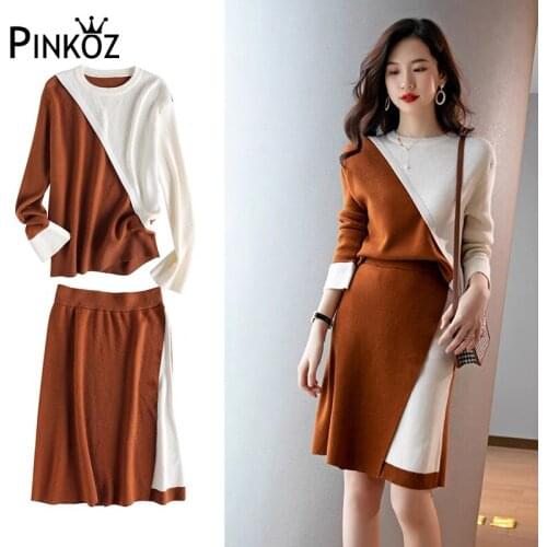 Pinkoz elegant office lady women two pieces set knitting patchwork brown white sweater autumn winter fashion clothes mini skirt