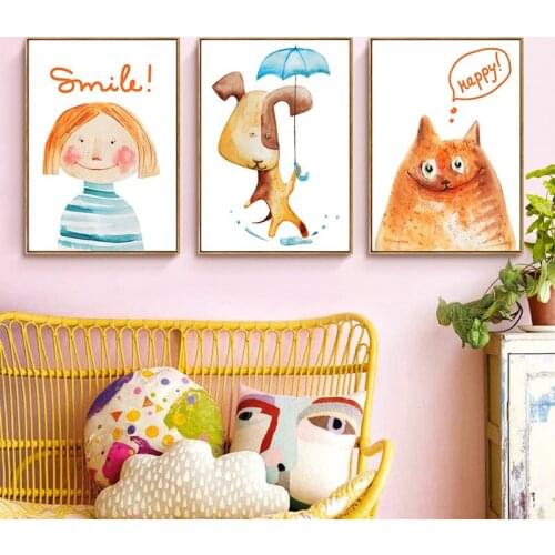 Colorful Cartoon Animal Chicken Umbrella Balloons Girl Boy Canvas Painting Wall Picture Print Poster KidsRoom Decoration