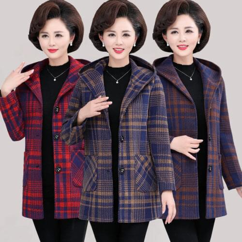 Middle-aged womens Plaid Woolen Jacket 2021 Autumn Winter Plus velvet Thick Hooded Woolen Coat Plus Size Loose Female Outwear