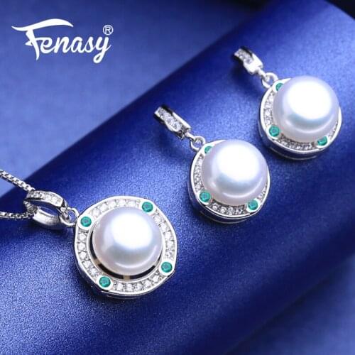 FENASY 925 Sterling Silver Earrings Green Crystal Boho Necklace Natural Freshwater Pearl jewelry sets stud Earrings For Women