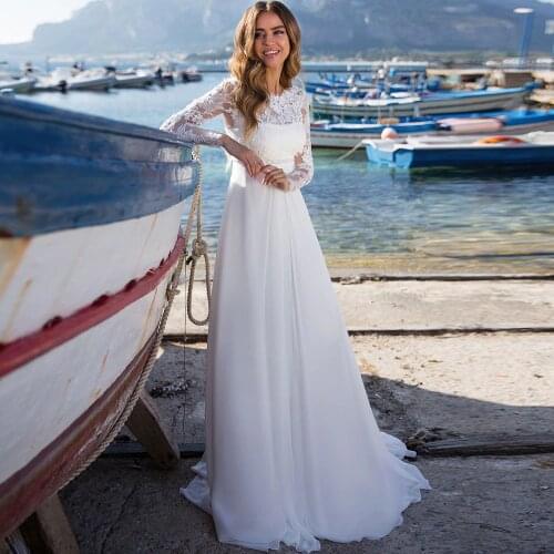 2020 Appliques Empire Waist Wedding Dress Long Sleeves Chiffon Boho Wedding Gowns Vestido De Novia Chiffon Wedding Party Dress
