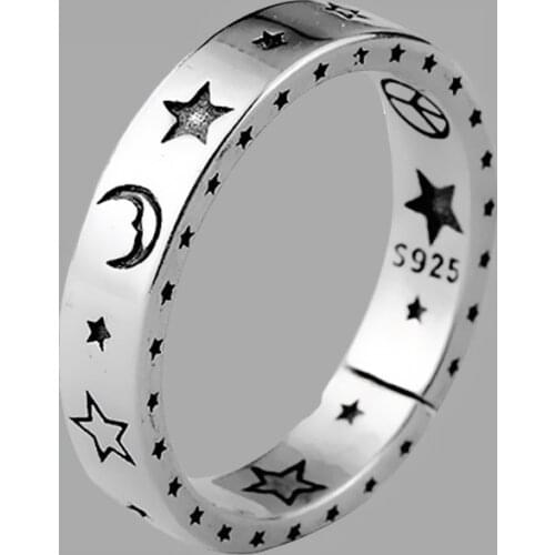 Vintage Moon Star Open Thai Silver Color Ring Smiling Face Finger Rings For Fashion Women Jewelry