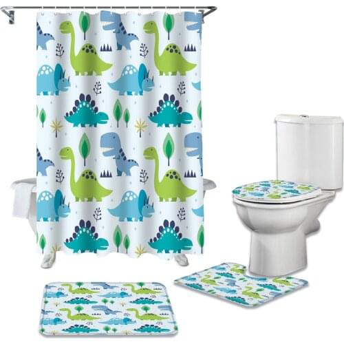 Bathroom Shower Curtain and Rug Sets Color Dinosaur Cartoon Kawaii Toilet Lid Cover Bath Mat Waterproof Shower Curtains Set