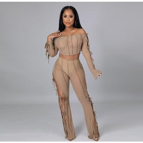 2021 Best Quality Fashion Design 2 pcs Women Set Solid Bandage Slash Neck Short Tops Long Pants Sexy Night Club Outfits