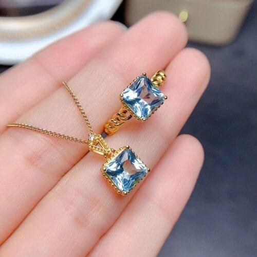 925 Silver New Product Fashion Jewelry Set Simulation Sea Blue Topaz Simple Adjustable Ring For Women Pendant Necklace Wholesale