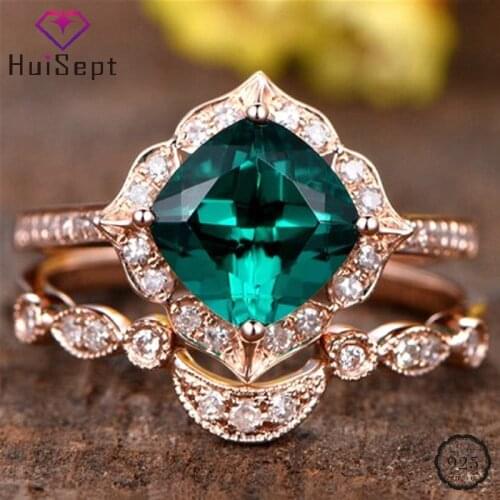 HuiSept Silver 925 Jewelry Ring Geometric Shape Emerald Zircon Gemstone Rings for Female Wedding Party Gifts Ornaments Rose Gold