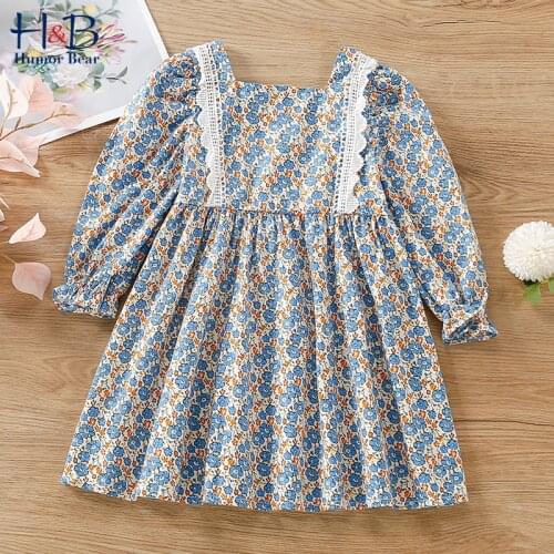 Humor Bear Girls Dress 2021 New Autumn Flare Sleeve Floral Printed Square Collar Lace Patchwork Princess Dress Toddler Clothe