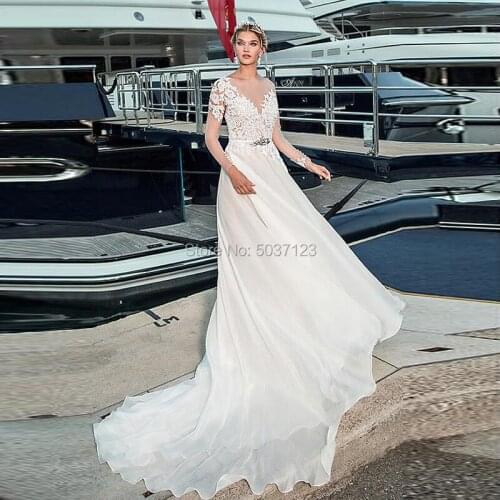 Vestido De Noiva Beach Chiffon Wedding Dresses with Long Sleeve A Line Lace Appliques Beaded Robe De Mariee Illusion Court Train
