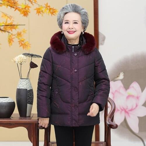 Winter womens thick warm hooded down cotton coat jacket 2021 fur collar cotton jacket Middle-aged Printed Grandma-Warm Coat